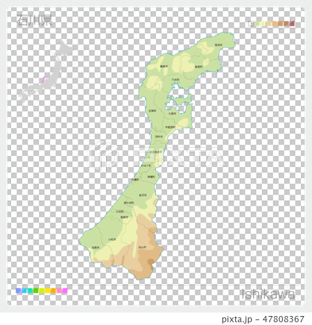 石川縣地圖（等高線·顏色編碼·自治市·區） 47808367