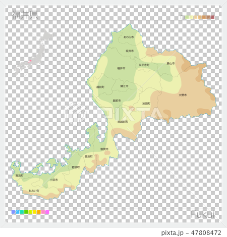 Map of Fukui prefecture (contour line · color coding · municipalities · division) 47808472