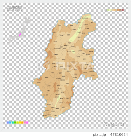 長野県の地図 等高線 色分け 市町村 区分け のイラスト素材