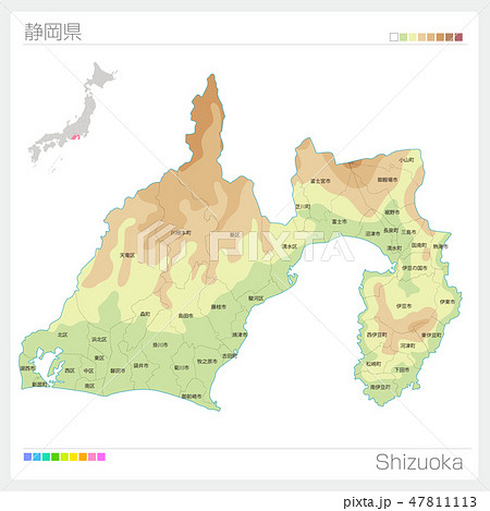 静岡県の地図（等高線・色分け・市町村・区分け）