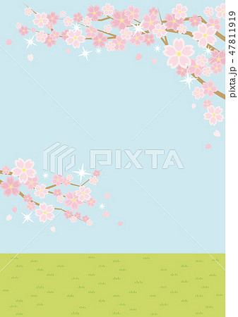 桜のある春の風景のイラスト 空と草原 のイラスト素材