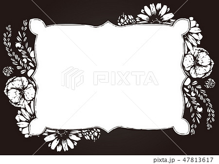 花と植物の枠 背景素材 フレーム 白黒のイラスト素材