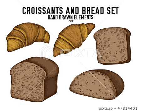 Vector collection of hand drawn colored croissants and bread Vector collection of hand drawn colored croissants and bread 47814401