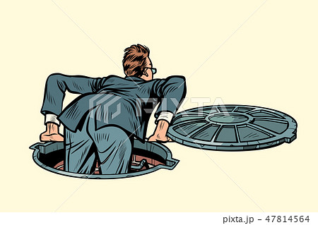 the sewer manhole. businessman climbs up the sewer manhole. businessman climbs up 47814564