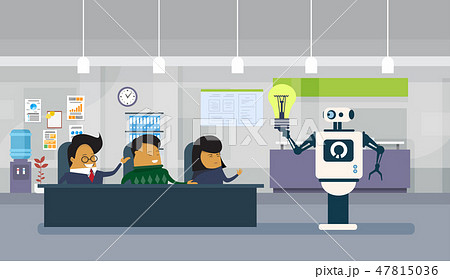 Modern Robot Giving Light Bulb To Group Of Asian Business People Sitting At Office Desk 47815036