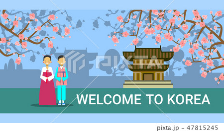 Welcome To South Korea Banner, Korean Coupe In Traditional Costumes Over Seoul Landmarks Welcome To South Korea Banner, Korean Coupe In Traditional Costumes Over Seoul Landmarks 47815245