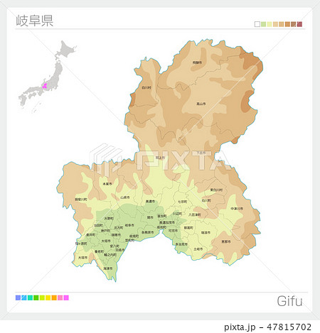 岐阜県の地図 等高線 色分け 市町村 区分け のイラスト素材
