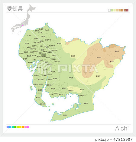 愛知県の地図（等高線・色分け・市町村・区分け）