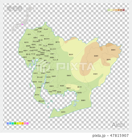 愛知県の地図 等高線 色分け 市町村 区分け のイラスト素材