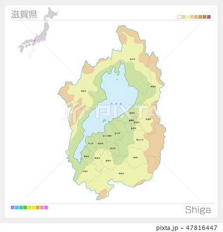 滋賀県の地図 等高線 色分け 市町村 区分け のイラスト素材