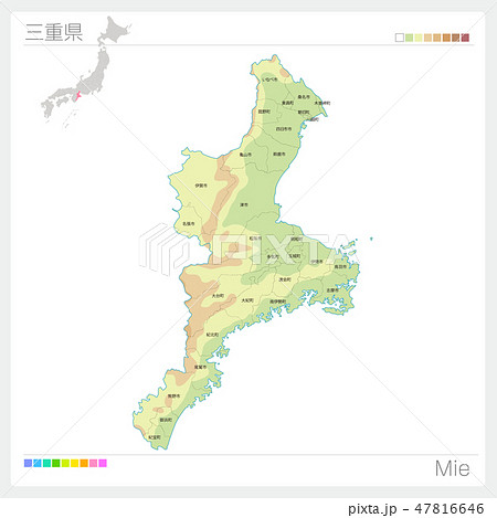三重県の地図 等高線 色分け 市町村 区分け のイラスト素材