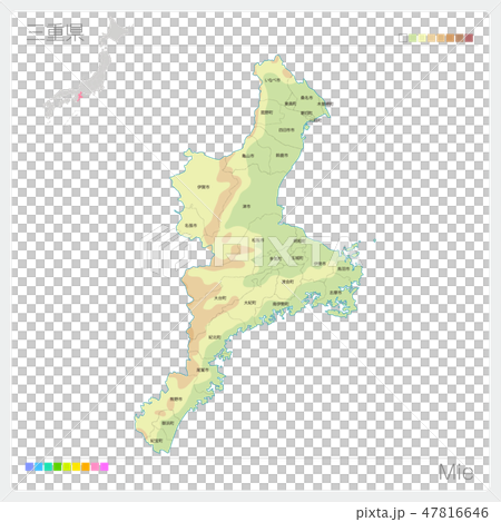 三重県の地図 等高線 色分け 市町村 区分け のイラスト素材