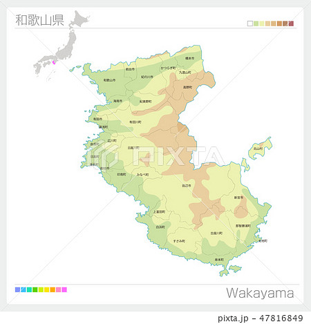 和歌山県の地図（等高線・色分け・市町村・区分け） 47816849