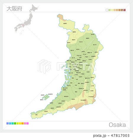 大阪府の地図 等高線 色分け 市町村 区分け のイラスト素材