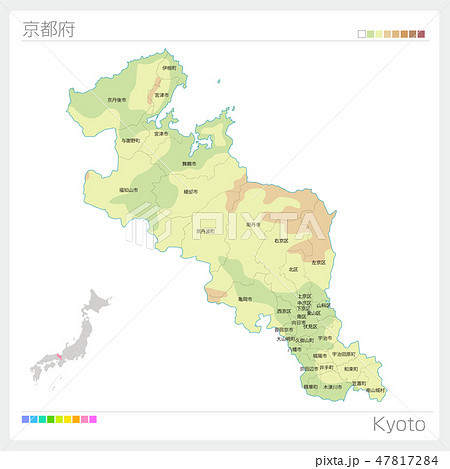 京都府の地図（等高線・色分け・市町村・区分け）