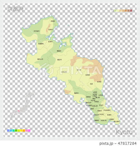 京都府の地図 等高線 色分け 市町村 区分け のイラスト素材