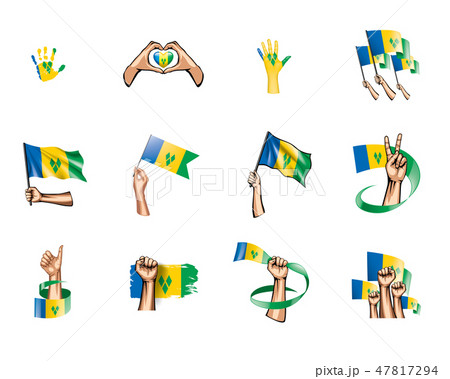 Saint Vincent and the Grenadines flag and hand on white background. Vector illustration 47817294