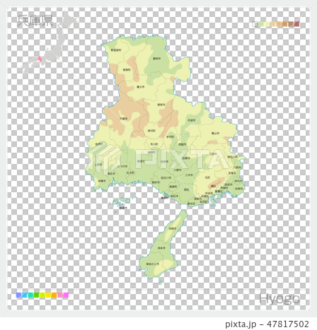 兵庫県の地図 等高線 色分け 市町村 区分け のイラスト素材