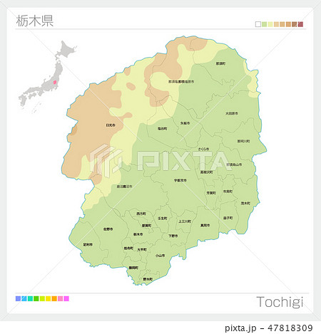 栃木県の地図 等高線 色分け 市町村 区分け のイラスト素材