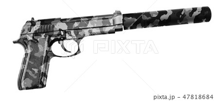 handgun with the long magazine and silencer handgun with the long magazine and silencer 47818684