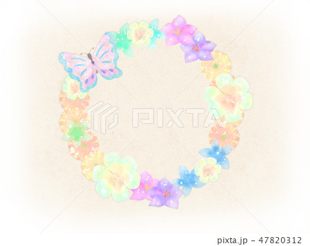 和の花と蝶々の華やかなフラワーフレーム ベージュ背景のイラスト素材