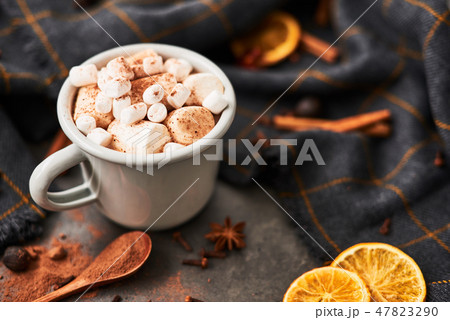 Hot cocoa drink with marshmallows in retro mug 47823290
