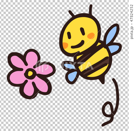 可愛い手描き風の蜜蜂と花のイラスト 47824252