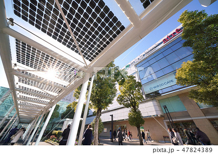 日本の川崎都市景観 太陽光と川崎駅東口駅前広場のタクシーシェルターに設置された太陽光発電パネル 47824389