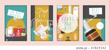 Medical advertisement for pharmacy vector illustration. Set of cards and banners with medical tools 47825542