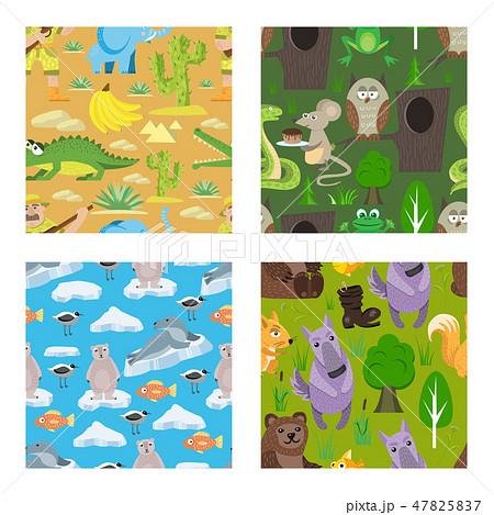 Children fairy-tale seamless pattern set vector illustration. Tropical conditions. Hunter with 47825837