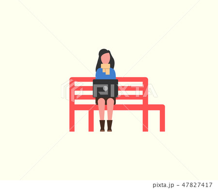 Woman Working With Personal Laptop On Wooden Benchのイラスト素材