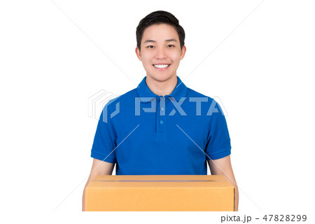 Asian delivery man in blue polo shirt carrying box 47828299