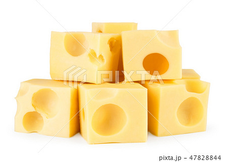 Heap of cheese cubes on a white, isolated. Heap of cheese cubes on a white, isolated. 47828844