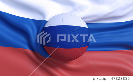 Soccer tournament. Soccer ball with a waving flag of Russia in the background. 47828859