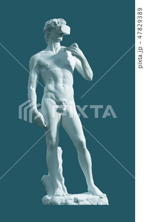 Sculpture David With VR Glasses On Blue Background Sculpture David With VR Glasses On Blue Background 47829389