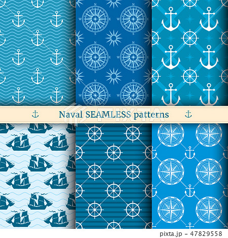Marine, nautical, sea vector seamless patterns set 47829558