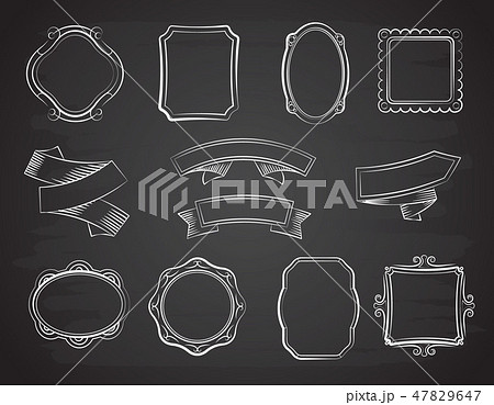Vintage chalkboard hand drawn ribbon banners, picture frames and labels on black chalkboard vector 47829647