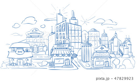 City landscape with modern buildings pencil sketch, hand drawn, doodle vector illustration 47829923