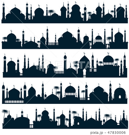 Islamic city skylines with mosque and minaret vector silhouettes arabic architecture 47830006