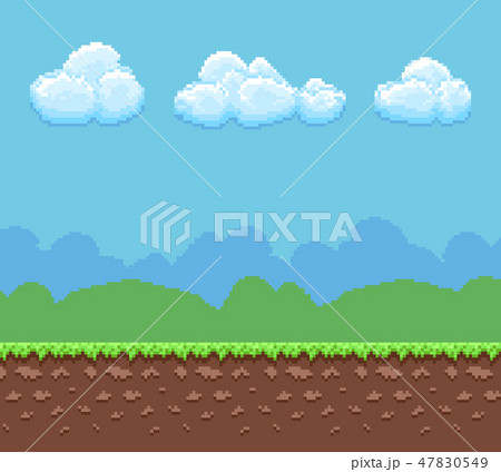 Pixel 8bit game vector background with ground and cloudy sky panorama Pixel 8bit game vector background with ground and cloudy sky panorama 47830549