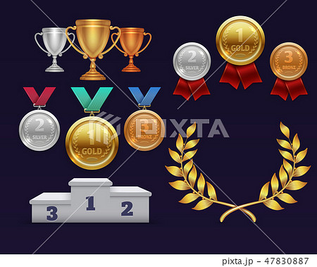 Trophy awards gold cup and golden laurel wreath, medals and sports podium Trophy awards gold cup and golden laurel wreath, medals and sports podium 47830887