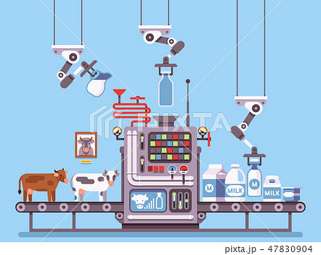 Milk manufacturing, stage processing on conveyor, dairy products industrial management vector 47830904