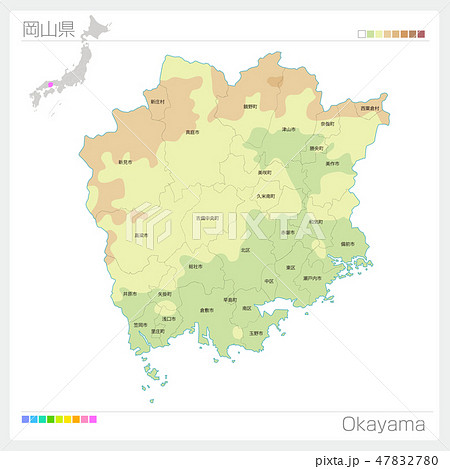 岡山県の地図（等高線・色分け・市町村・区分け）