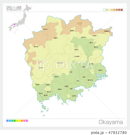 岡山県の地図 等高線 色分け 市町村 区分け のイラスト素材