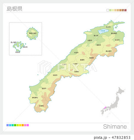 島根県の地図（等高線・色分け・市町村・区分け）