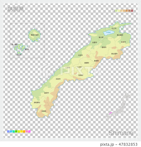 島根県の地図 等高線 色分け 市町村 区分け のイラスト素材