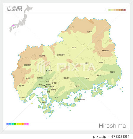 広島県の地図（等高線・色分け・市町村・区分け）