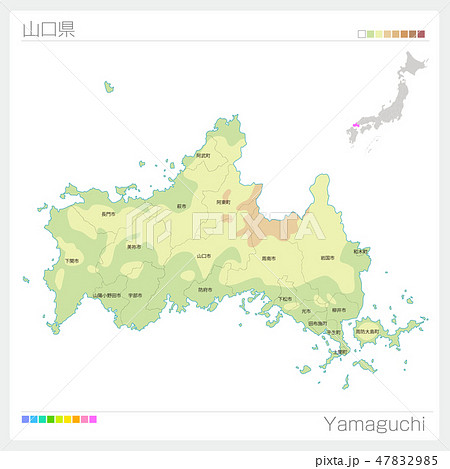 山口県の地図（等高線・色分け・市町村・区分け）