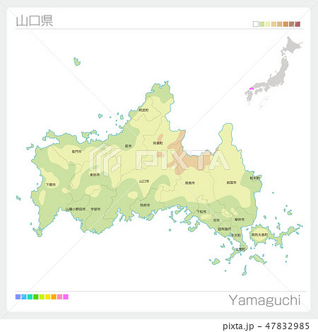 山口県の地図 等高線 色分け 市町村 区分け のイラスト素材