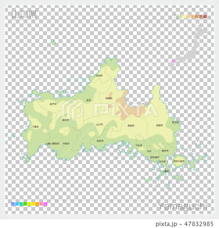 山口県の地図（等高線・色分け・市町村・区分け） 47832985